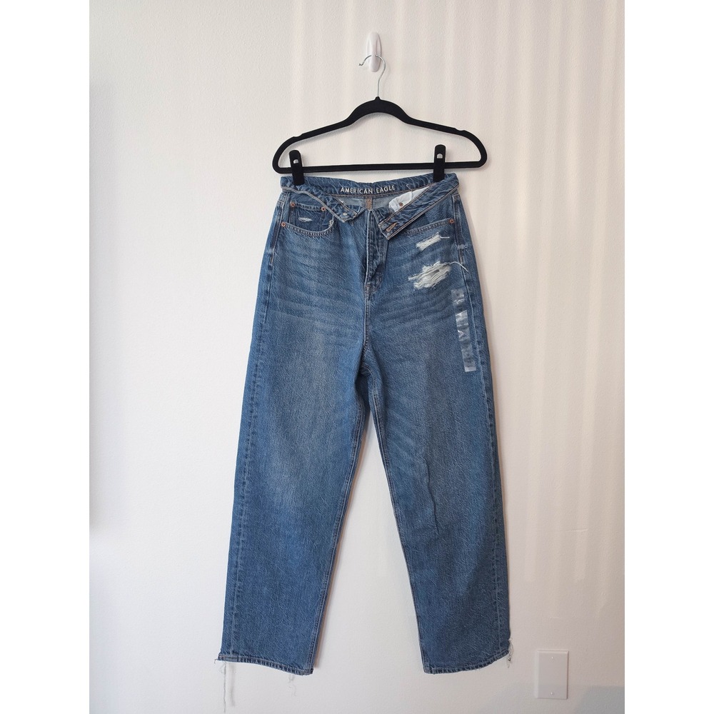 American Eagle Crossover Waist Baggy Jeans Distressed Blue Denim Size 10 Short